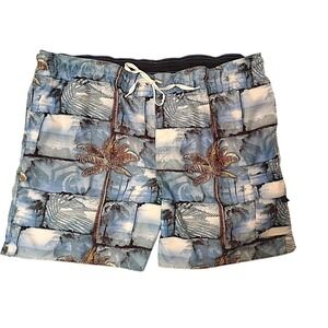 Croft & Barrow Swim Trunk Shorts XXL 2XL Blue Tropical Palms Patchwork Island